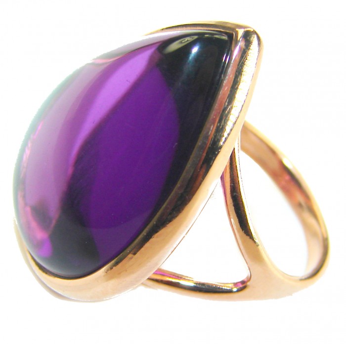 Purple Drop 22.2 carat Amethyst 14K Gold over .925 Sterling Silver Handcrafted Large Ring size 7 1/4 - Close-up side view of Purple Drop Amethyst ring in 14K gold.