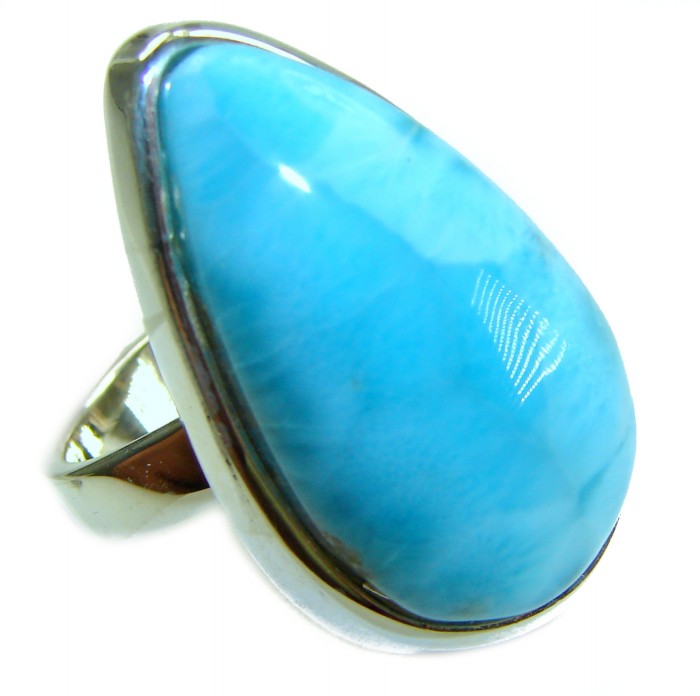 Blue Dreamer authentic Larimar .925 Sterling Silver handmade Large Solid ring size 7 adjustable - Stone close-up of Blue Dreamer Larimar in .925 Sterling Silver ring