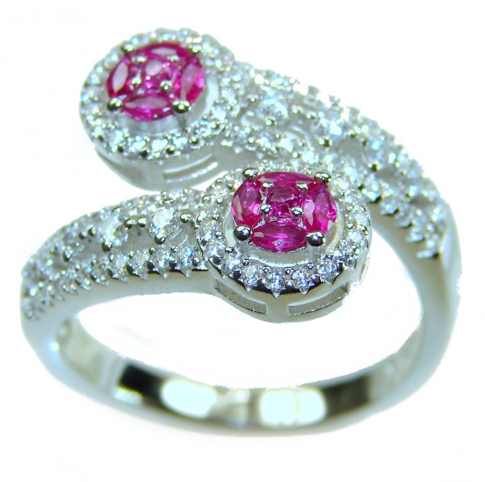 Art Deco Natural 2.5 carat Ruby .925 Sterling Silver handmade Statement Ring size 8 1/4 - Two-stone ruby and diamond swirl ring, top view.