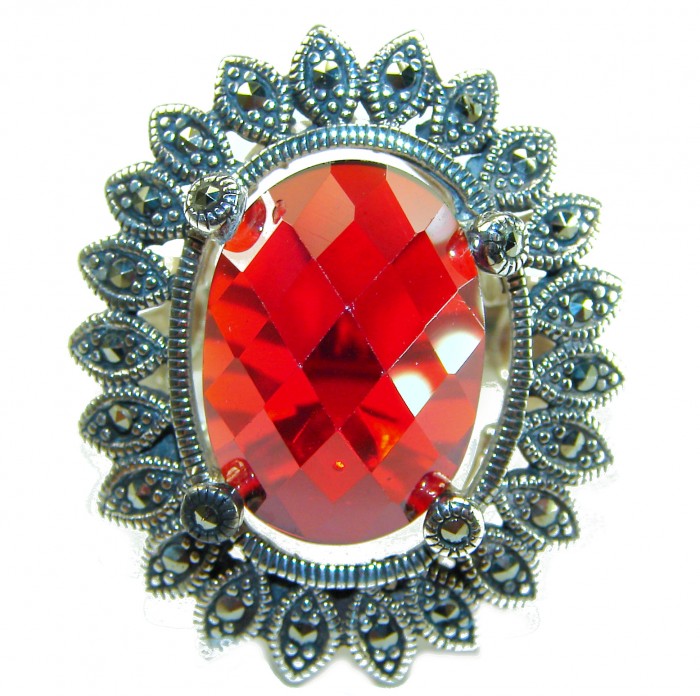 Real Beauty Natural 18.9 carat Ruby .925 Sterling Silver handmade Statement Ring size 7 - Close-up of a ruby and silver ring with intricate detailing