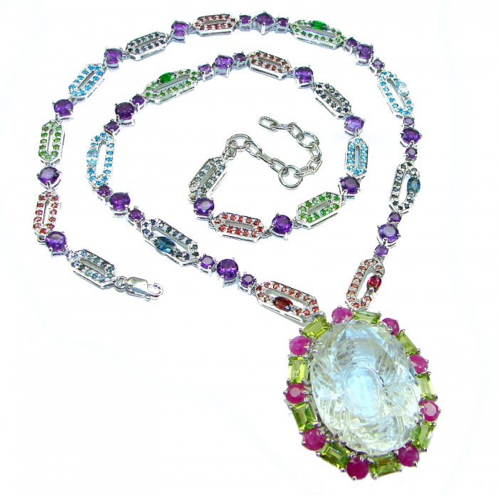 Giovanna Great quality authentic 39.5 carat White Topaz .925 Sterling Silver handmade handcrafted Necklace - Colorful gemstone necklace with large white topaz pendant, top view.