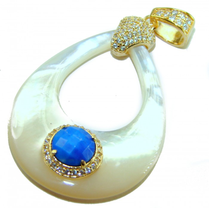 Genuine Blister Pearl lab grown Diamond 18K Gold over .925 Sterling Silver Statement pendant - Pendant with blue stone and diamonds, front view, on white background