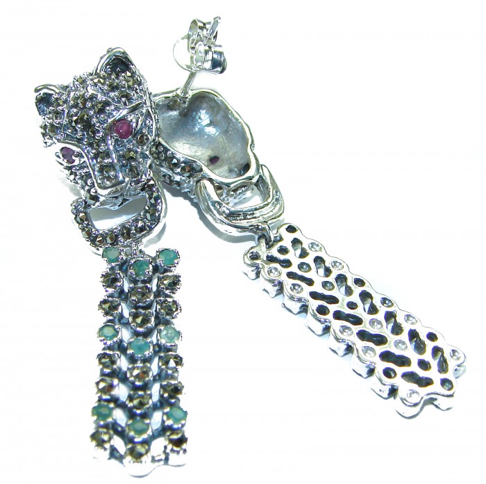 Panthère Ruby Emerald Sapphire Marcasite .925 Sterling Silver earrings - Panther head earrings with rubies, emeralds; close-up of design details.