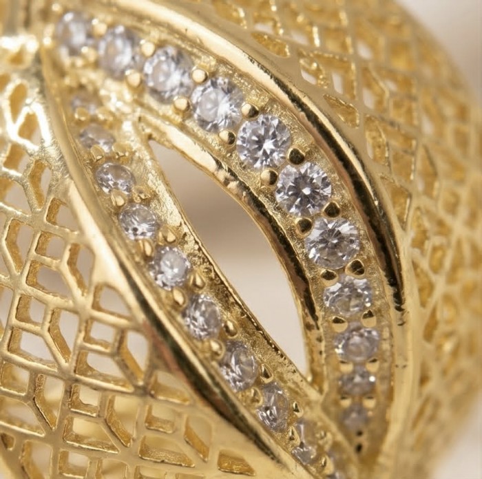 Dubai Style - Golden Flowers .925 Sterling Silver dipped in 22K Gold handmade Large Earrings - Close-up of gold filigree with embedded stones, Dubai Style jewelry.