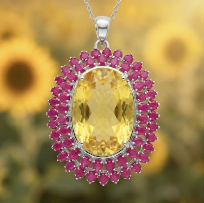 Large Beauty genuine 32.5 carat Lemon Quartz Ruby .925 Sterling Silver handmade Pendant - Close-up of lemon quartz and ruby pendant against sunflower background