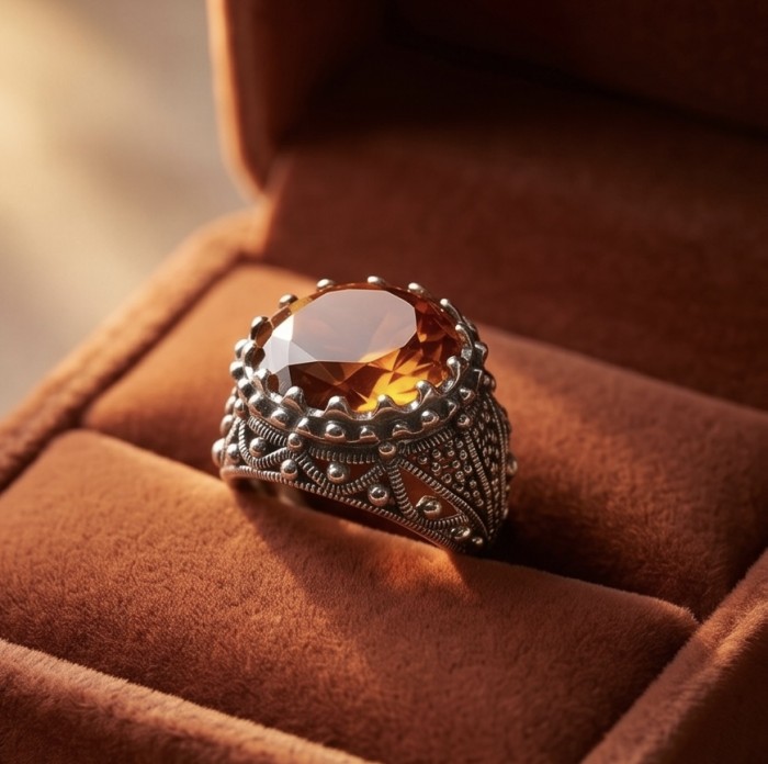 Serenity Natural 38.4 carat GOLDEN Topaz Marcasite .925 Sterling Silver handmade Large Statement Ring size 7 - Close-up of Serenity Golden Topaz Marcasite ring in a box.