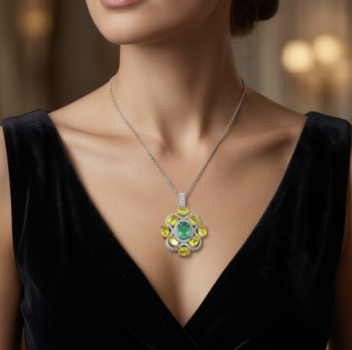 Giovanna - 12.5 carat Authentic Brazilian Peridot .925 Sterling Silver handcrafted Pendant - Necklace with Brazilian Peridot pendant, worn on model in black dress.