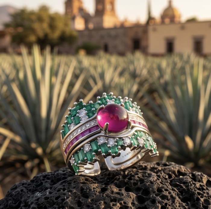Blooming Garden 3.8 carat Mozambique Ruby rhodium over .925 Sterling Silver handmade Statement Ring size 7 - Close-up of Blooming Garden ring with ruby and emeralds on black stone.