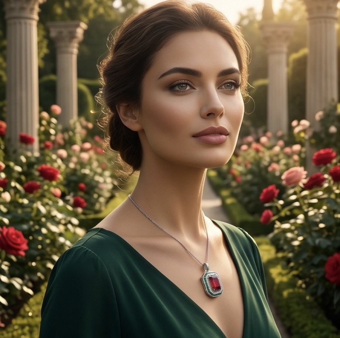 Art Deco 19.4 ctw Ruby Emerald .925 Sterling Silver handcrafted Large Statement necklace - Woman wearing Art Deco ruby necklace in garden setting.