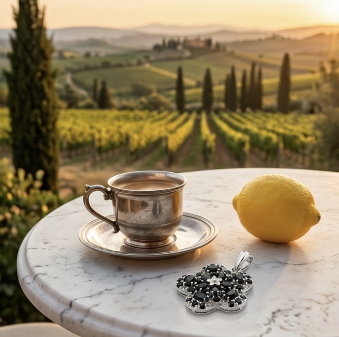 Genuine 5.5 carat Sapphire .925 Sterling Silver dipped in rhodium handmade Pendant - Jewelry on table with tea and lemon, vineyard view in background