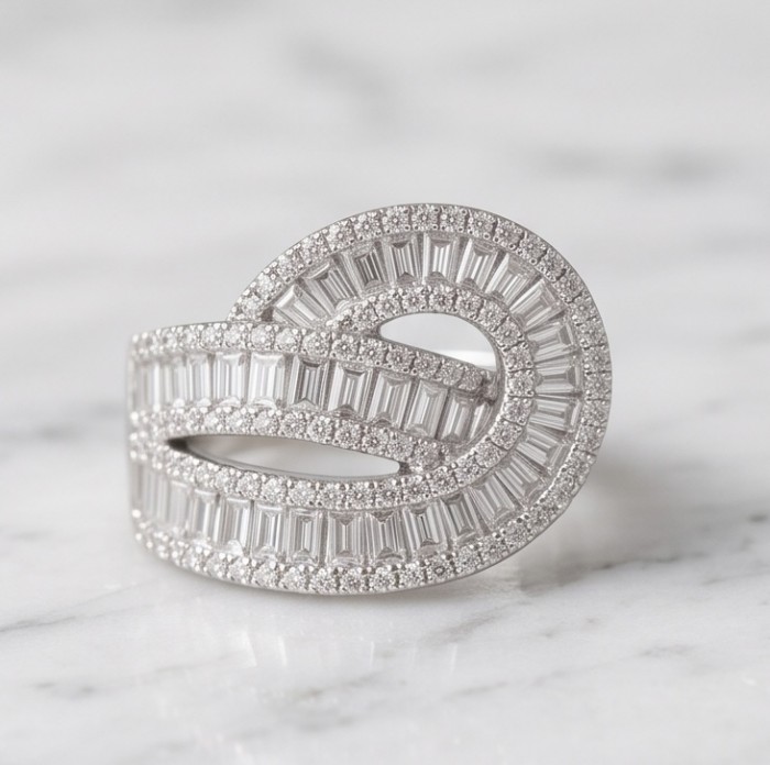 Art Deco 8.6 ctw White TOPAZ .925 Sterling Silver handcrafted Statement Ring size 7 - Side view of Art Deco white topaz sterling silver ring on marble surface.