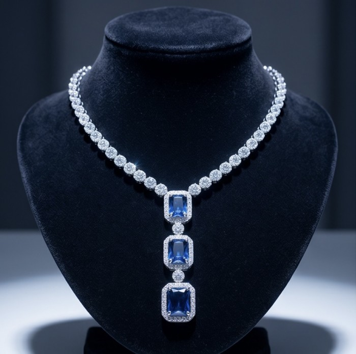 Ofelia - Authentic 10.5 CARAT natural Sapphire .925 Sterling Silver handcrafted necklace - Front view of sapphire and diamond necklace on black velvet display