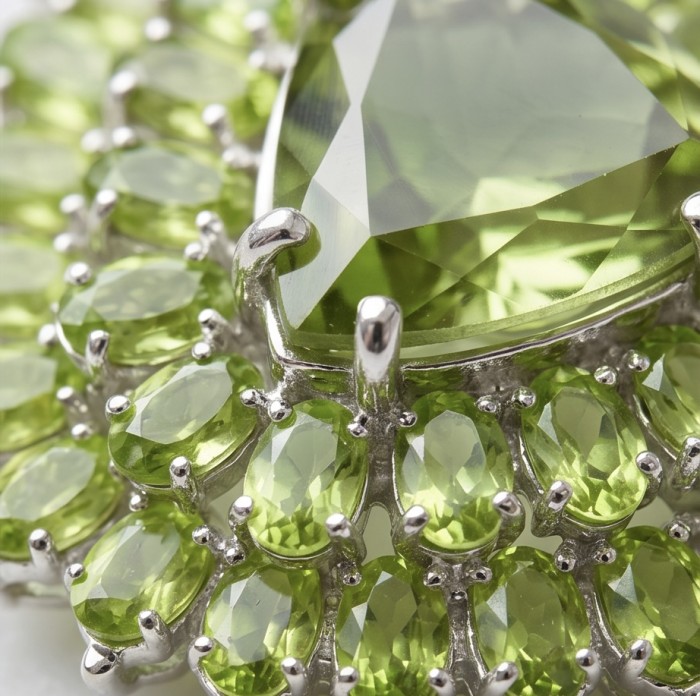 Valentina - Vintage Design Genuine 28.5 carat Peridot .925 Sterling Silver handmade Pendant Brooch - Close-up of Valentina vintage design peridot gemstone in silver setting.