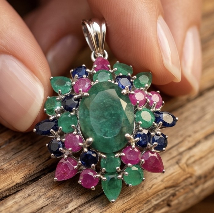 Tiffany - Authentic 8.5 carat Peridot Tsavorite Garnet 18K Gold over .925 Sterling Silver handmade Statement Pendant - Close-up of a multicolored gemstone pendant held by fingers.