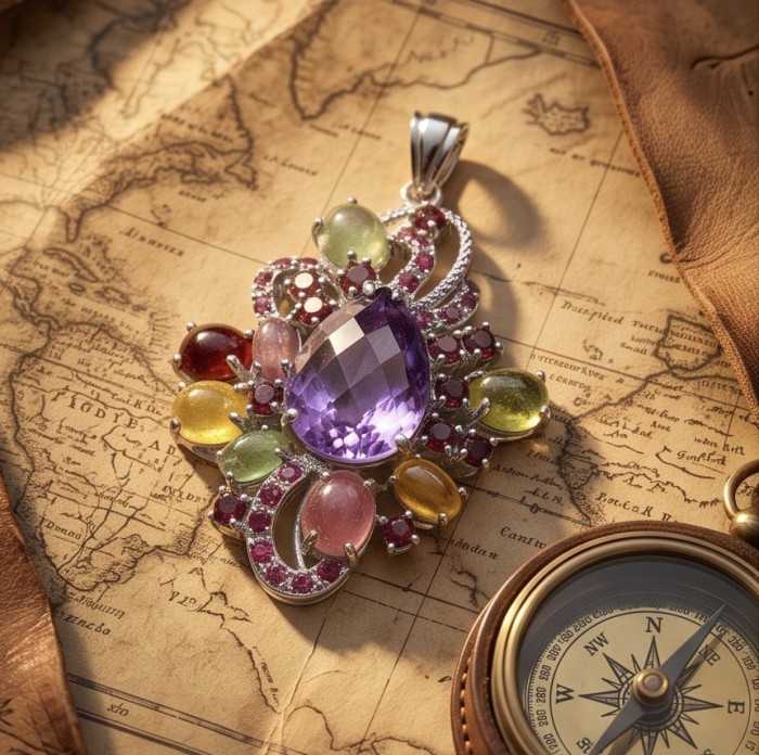 Divine Protection 25.8 carat Precious Multigem .925 Sterling Silver dipped in rhodium Pendant - Amethyst and multigem pendant on vintage map with compass, top view.