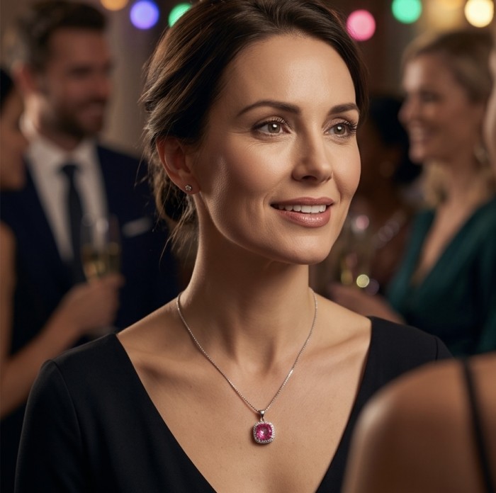 Isabella - delicate 1.9 carat Pink Sapphire .925 Sterling Silver handcrafted Statement Necklace - Front view of Isabella necklace with 1.9 carat pink sapphire worn at event.