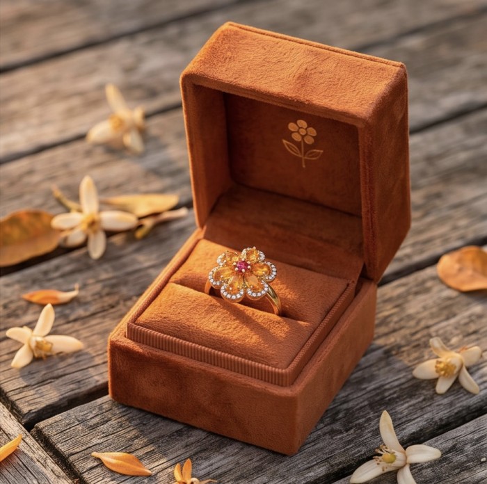 Flower 4.2 carat Brazilian Citrine 18K Gold over .925 Sterling Silver handcrafted ring; s. 6 1/4 - Flower-shaped citrine ring in box, top view with floral decor.