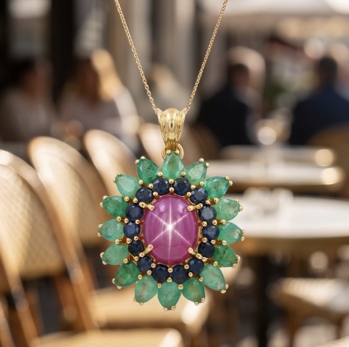 Carmen - authentic 22.5 carat Star Ruby 18K Gold over .925 Sterling Silver handcrafted Pendant - Close-up of Carmen necklace featuring 22.5 carat star ruby and gemstones.