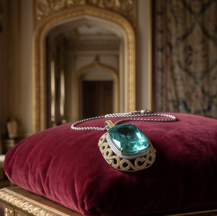 PARADISE FOUND Authentic baquette 44.7 carat Paraiba Tourmaline rhodium over .925 Sterling Silver handmade STATEMENT necklace - Close-up of PARADISE FOUND necklace on a red velvet cushion