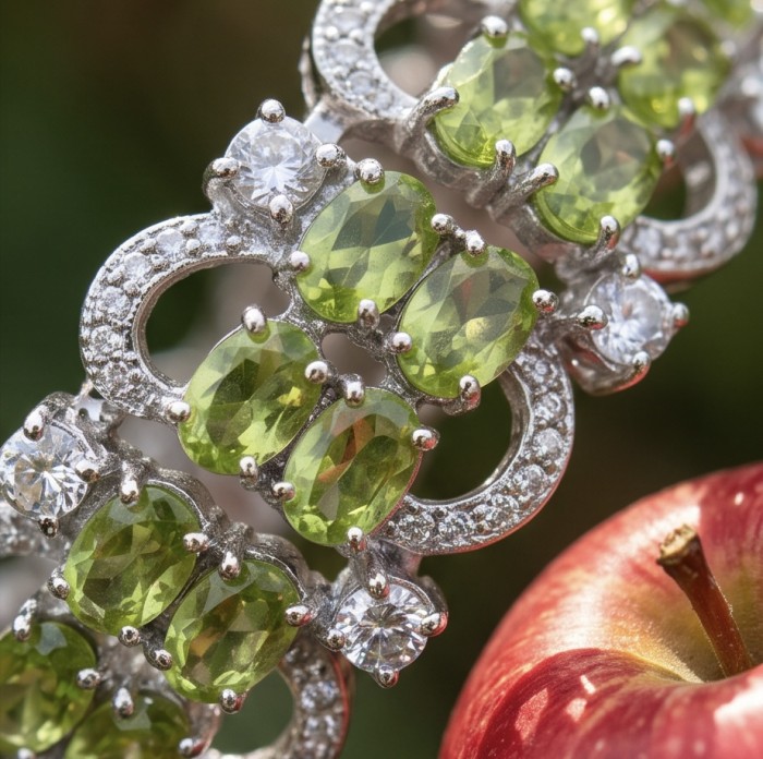 Vittoria Natural 47.8 carat Brazilian Peridot Rhodium over .925 Sterling Silver handmade Statement Bracelet - Close-up of Vittoria Peridot bracelet with sparkling stones.