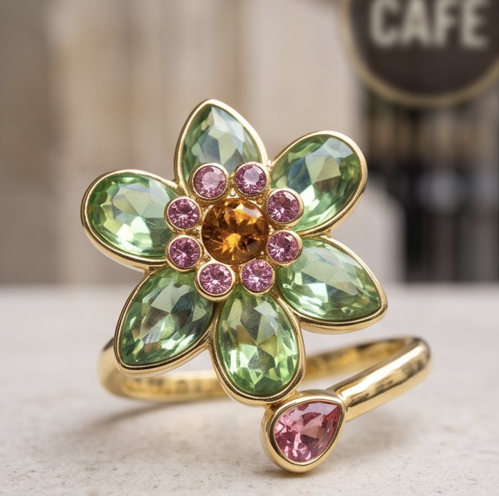 Summer flower 6.5 carat genuine Green Topaz 14K Gold over .925 Sterling Silver handmade Statement Ring size 8 1/4 - Flower ring with green topaz, pink and orange stones, close-up view.