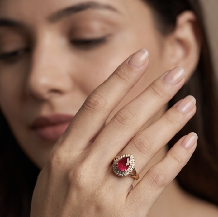 Scarlett - great quality! 12.4 ctw Mozambique Ruby .925 Sterling Silver dippedin 22K Gold handcrafted Statement Ring size 6 - Ruby ring with diamonds worn on hand, focus on stone close-up.