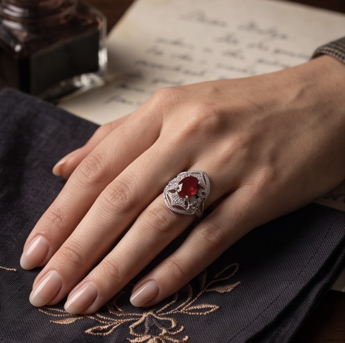Bella Rosa Genuine 4.9 CARAT Ruby rhodium over .925 Sterling Silver Statement Ring size 8 1/4 - Ruby ring on hand with intricate silver detailing, top view.