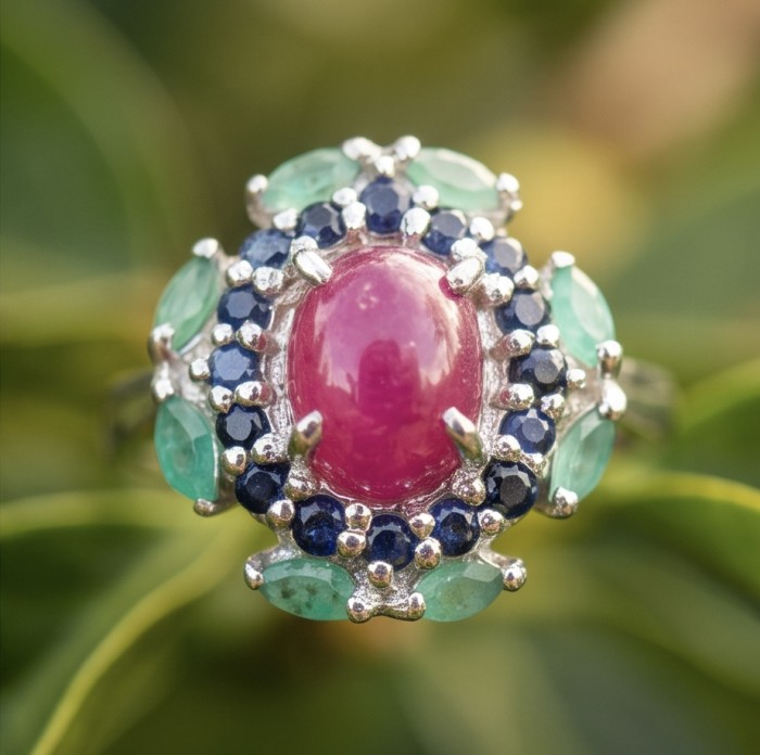 Scarlett 7.7 ctw Mozambique Ruby .925 Sterling Silver handcrafted Statement Ring size 8 - Close-up of Scarlett 7.7 ctw Mozambique Ruby ring in sterling silver.