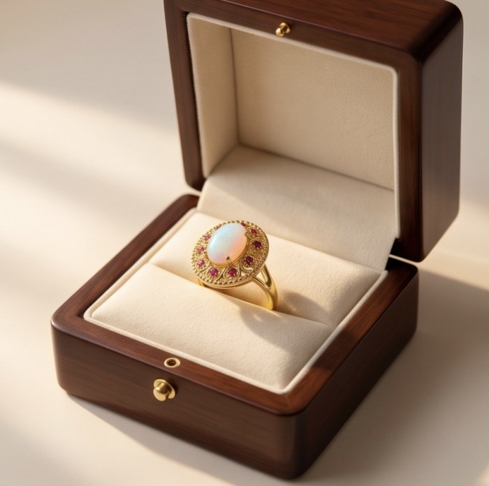 Endless Ocean Genuine 14.5 carat doublet Australian Opal 18K Gold over .925 Sterling Silver handmade Ring size 9 - Opal ring in open box, top view, showing stone and gold band.