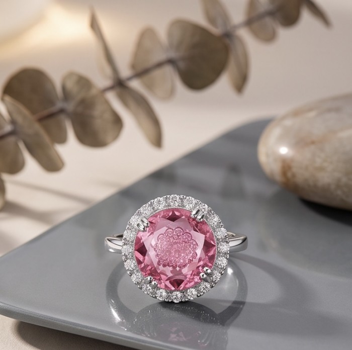 Tiffany - authentic 10.4 carat Pink Sapphire .925 Sterling Silver handcrafted Ring size 6 - Pink sapphire ring close-up on display with decorative background