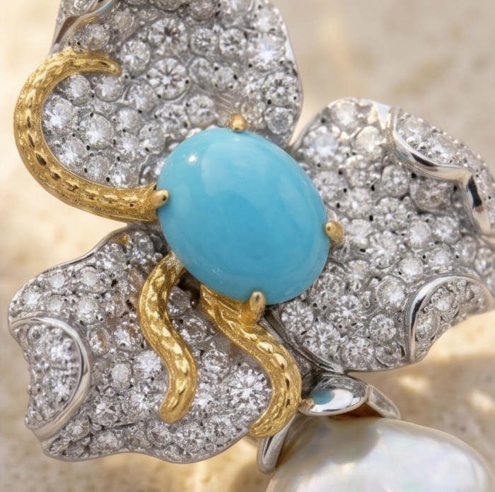 Precious Mother of Pearl 8.9 carat Sleeping Beauty Turquoise 18K Gold over .925 Sterling Silver handcrafted Earrings - Close-up of Sleeping Beauty Turquoise and diamond-studded jewelry piece