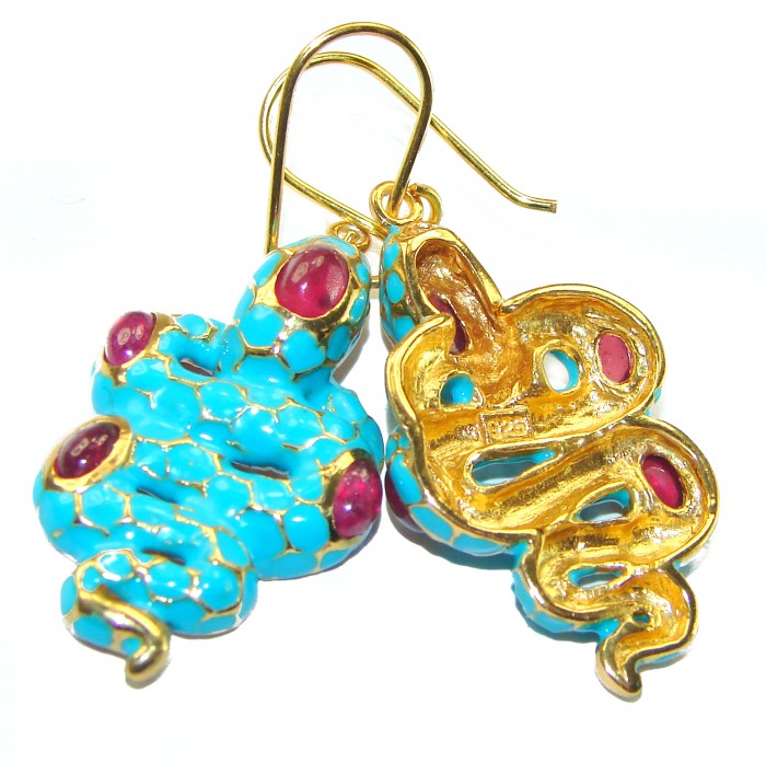 Blue Snakes Ruby turquoise Enamel 18K Gold over .925 Sterling Silver handcrafted earrings - photo 1