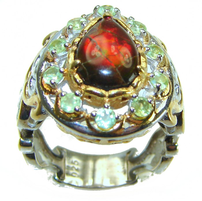 Outstanding Genuine 4.8 carat Canadian Ammolite 2 tones .925 Sterling Silver handmade ring size 8 - photo 3