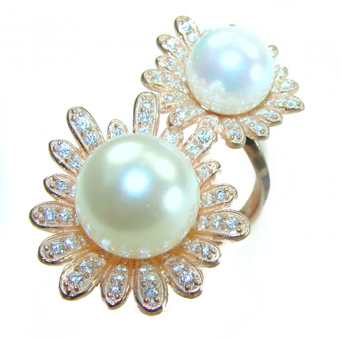 Floral design White Pearls White Sapphire 14K Gold over .925 Sterling Silver brilliantly handcrafted Statement ring s. 8 1/2 - photo 4