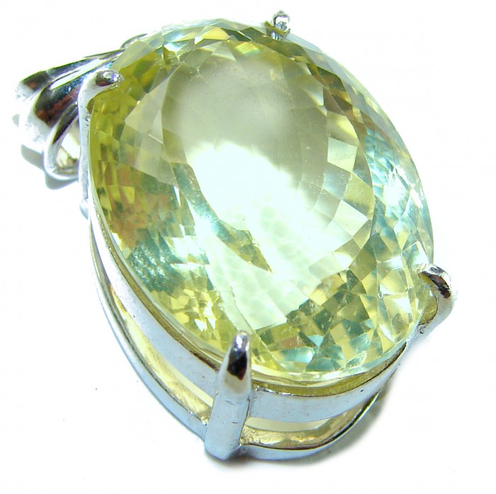Perfection Oval cut 25.3 carat Lemon Quartz .925 Sterling Silver handcrafted pendant - Close-up of 25.3 carat oval lemon quartz in sterling silver setting.