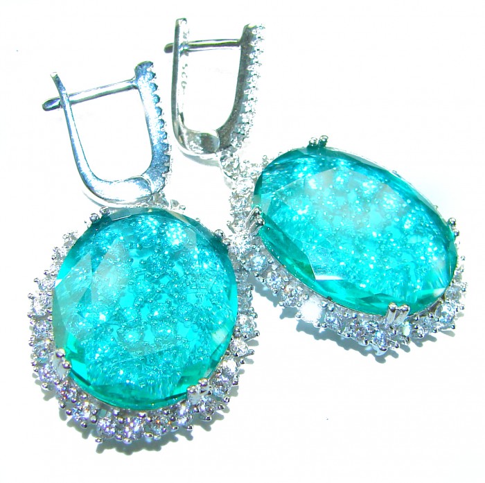 Eau Pure 19.5 carat AQUAMARINE .925 Sterling Silver Handcrafted Earrings - Close-up of aquamarine earrings in sterling silver with diamonds