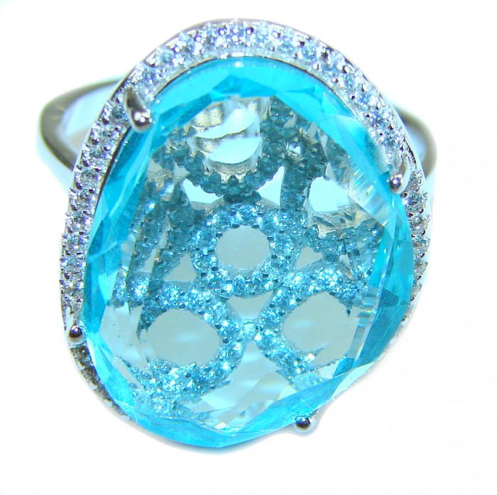 Eau Pure 11.5 carat Swiss Blue Topaz .925 Sterling Silver handmade Statement Ring size 9 - Close-up of Swiss Blue Topaz ring in sterling silver showcasing detail.