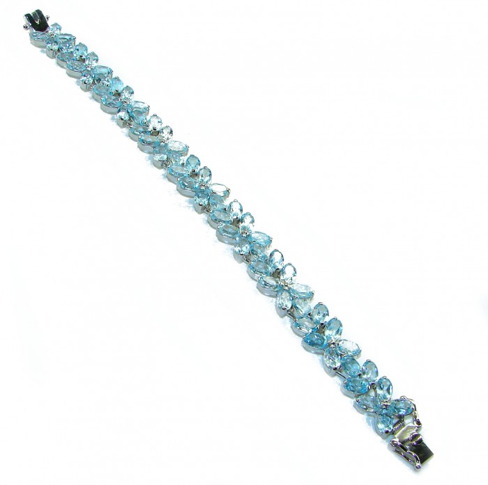 Spectacular 62.5 carat authentic Swiss Blue Topaz .925 Sterling Silver handmade Bracelet - Top view of Swiss Blue Topaz bracelet showing full design.