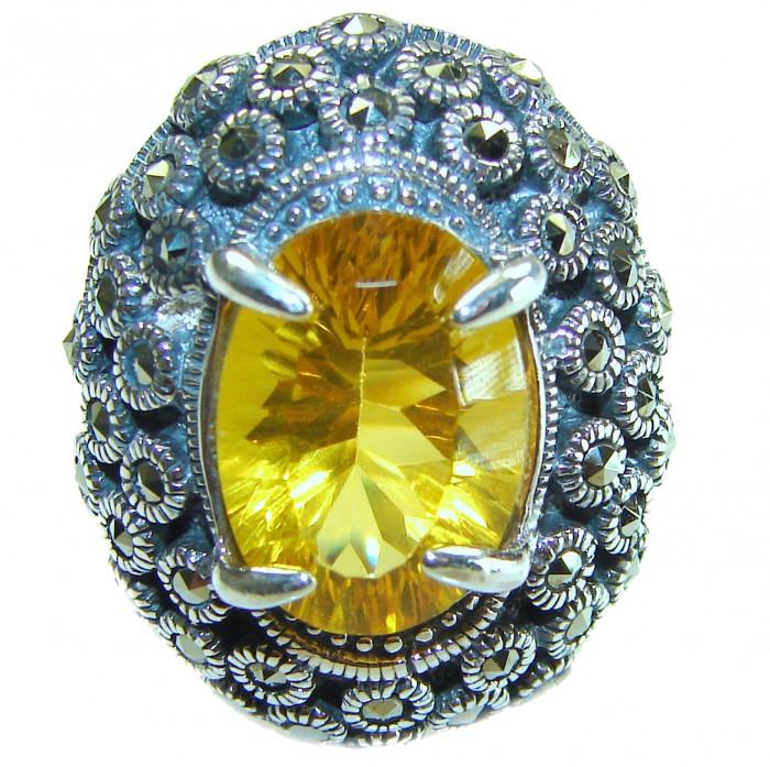 Real Treasure 10.5 carat Golden Topaz .925 Sterling Silver dipped in 14K Gold Handcrafted Huge Ring size 8 - Close-up of Real Treasure golden topaz ring in sterling silver.