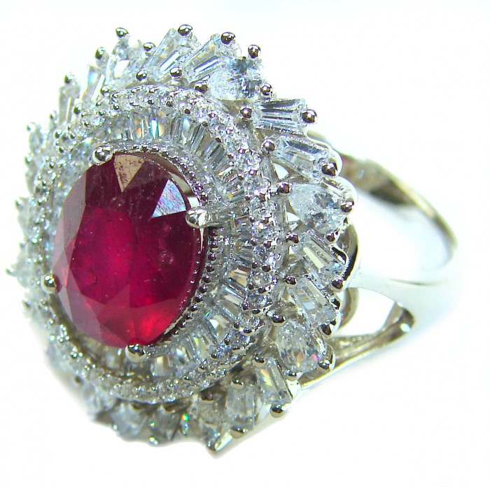 Art Deco Natural 3.5 carat Ruby .925 Sterling Silver handmade Statement Ring size 8 - Close-up of Art Deco ruby ring in sterling silver, side view.