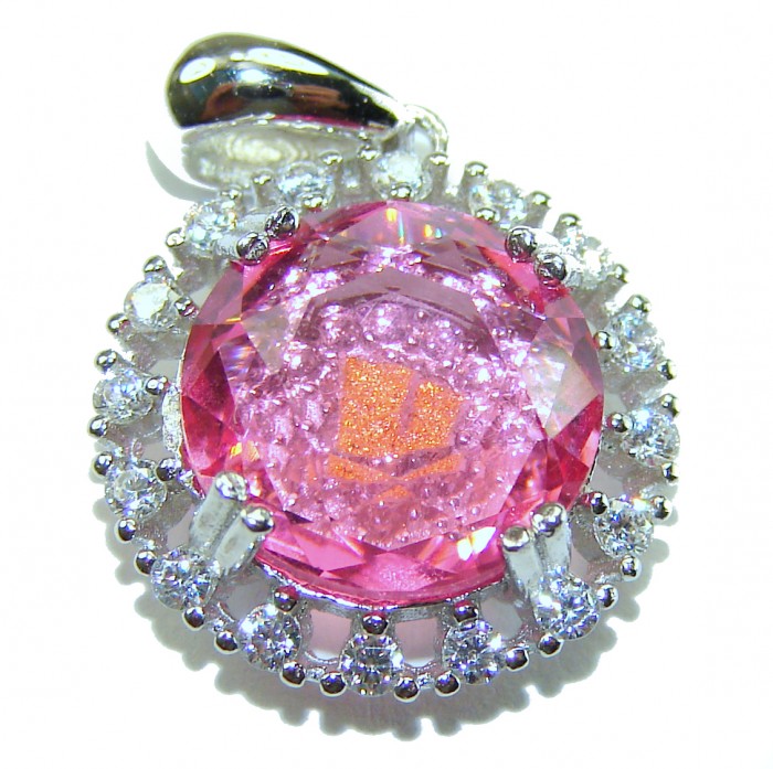 Love 10.8 carat Pink Topaz rhodium over .925 Sterling Silver handcrafted Statement Pendant - Close-up of Love 10.8 carat Pink Topaz pendant with silver setting.