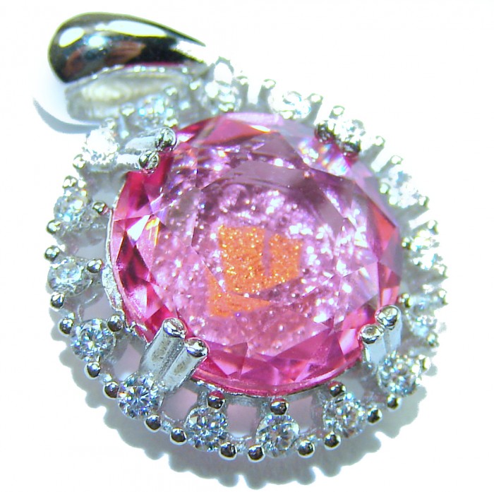Love 10.8 carat Pink Topaz rhodium over .925 Sterling Silver handcrafted Statement Pendant - Close-up of a pink topaz pendant in rhodium over sterling silver.