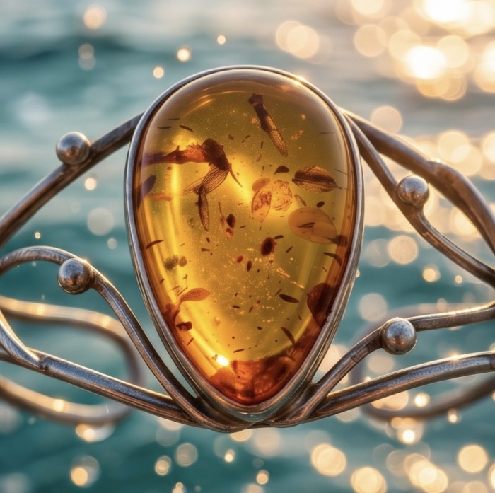 Vintage Design Genuine the best QUALITY Baltic Amber .925 Sterling Silver handamde Bracelet / Cuff - Stone close-up of vintage Baltic amber bracelet over water backdrop