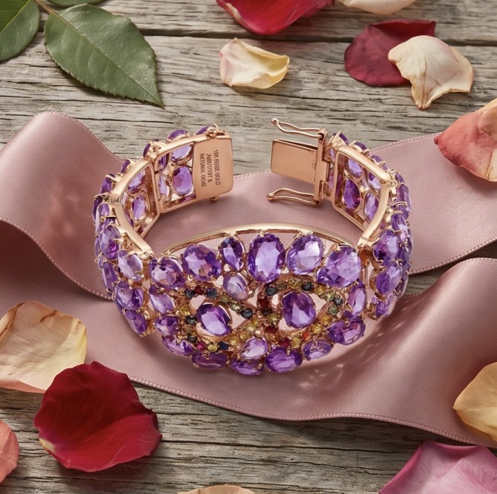 The Legend Authentic 71.2 carat Amethyst from Uruguay 18K Rose Gold over .925 Sterling Silver handmade Bracelet - Close-up of amethyst bracelet with clasp, surrounded by rose petals.