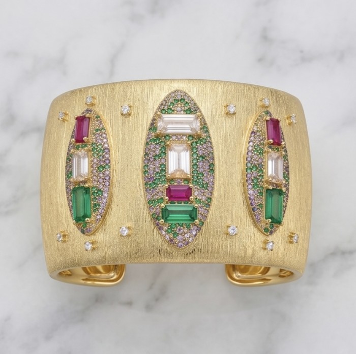 Byzantine design Authentic Topaz 18K Gold over .925 Sterling Silver handcrafted Bracelet / Cuff - Byzantine design gold cuff bracelet, front view close-up.