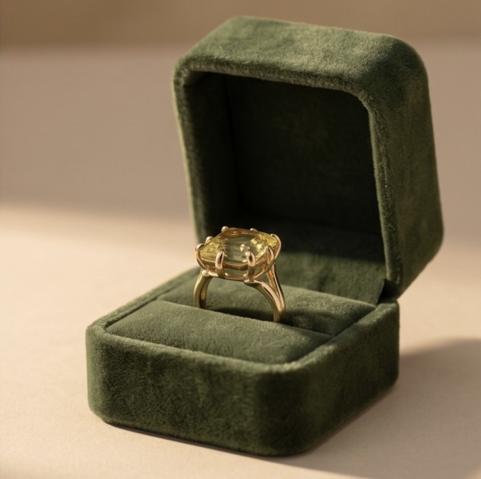 Authentic princess cut 10.8 carat Lemon Quartz 22K Gold over .925 Sterling Silver handmade Ring s. 7 - Lemon Quartz ring in green box, angled front view