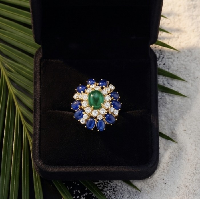 Colombian's Brilliance - emerald cut 4.7 carat Colombian Emerald 18K Gold over .925 Sterling Silver handcrafted Ring s. 6 - Emerald and sapphire ring in velvet box, top view