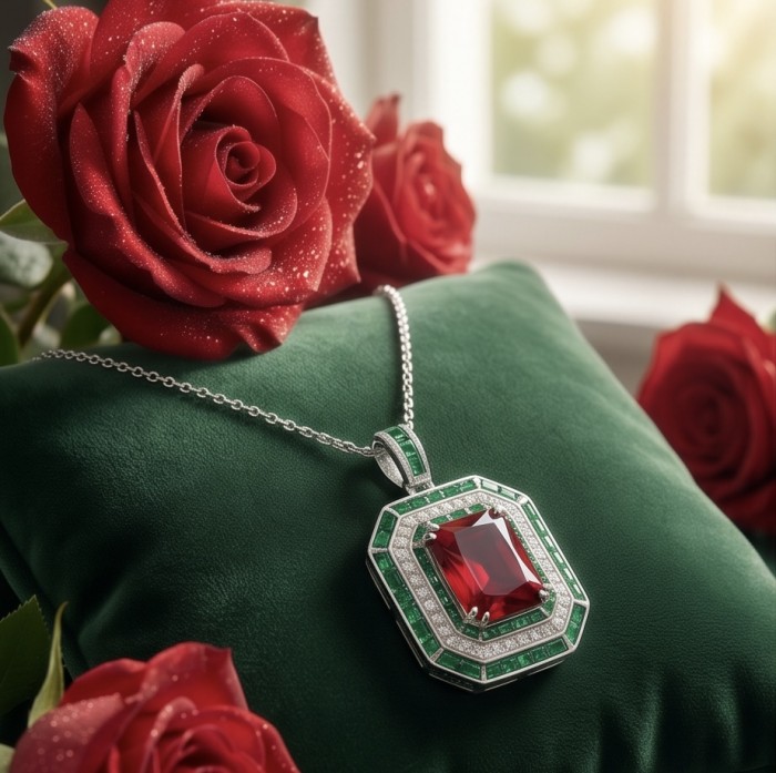 Art Deco 19.4 ctw Ruby Emerald .925 Sterling Silver handcrafted Large Statement necklace - Close-up of Art Deco ruby and emerald pendant on green cushion with roses