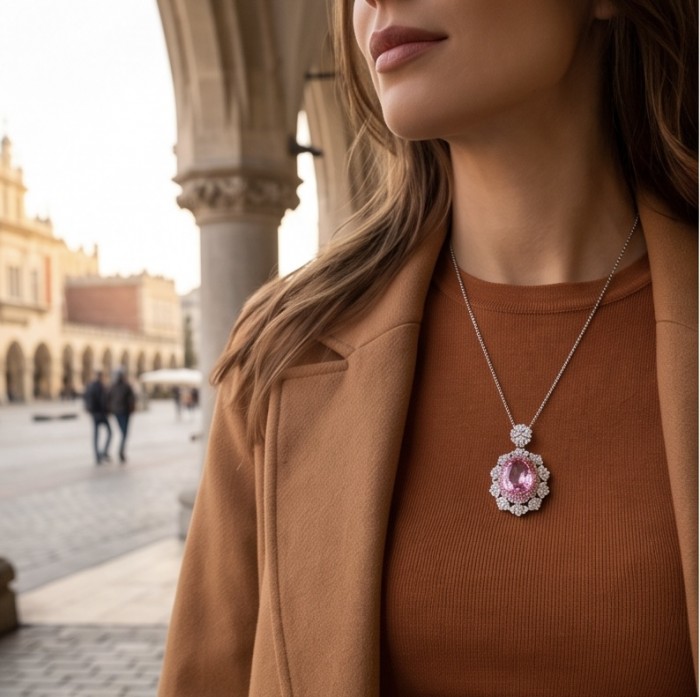 Tiffany Incredible oval cut 20.4 carat Pink Sapphire .925 Sterling Silver handcrafted pendant - Close-up of a pink sapphire necklace worn outdoors