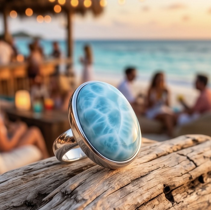 Large 14.9 carat Blue Perfection Blue Larimar .925 Sterling Silver handmade Large ring size 7 adjustable - Close-up of 14.9 carat Blue Larimar ring on driftwood at sunset beach party